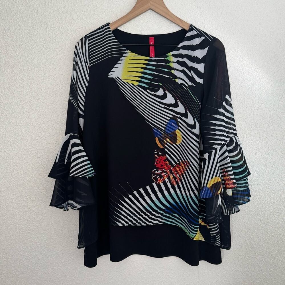 IC by Connie K Medium Wearable Art to Wear Blouse Butterfly Print Black Boho